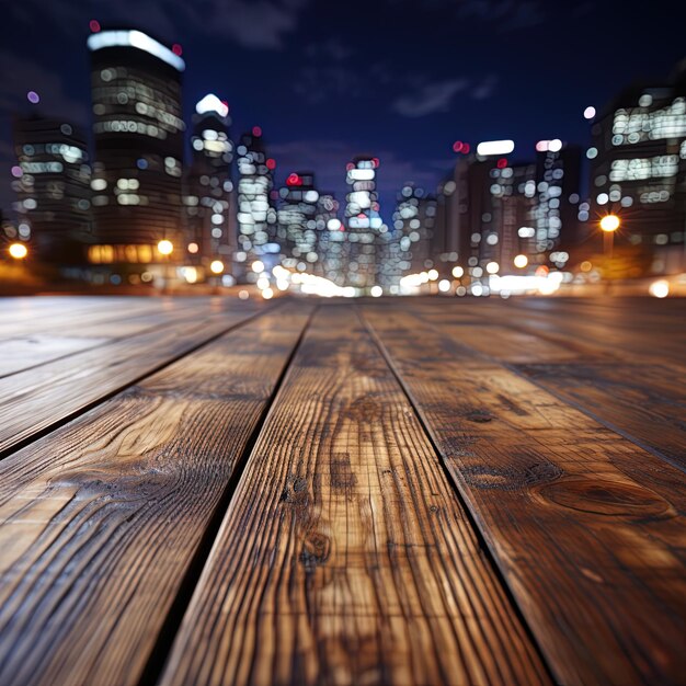 een houten promenade met een stads skyline op de achtergrond