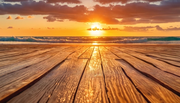 Een houten promenade of pier met uitzicht op de oceaan bij zonsondergang De zon gaat onder en werpt een warme gloed op de scène en de promenade lijkt leeg te zijn