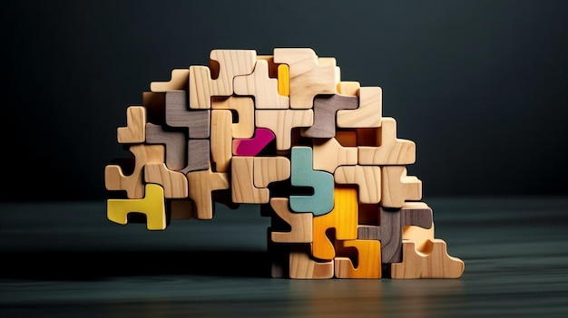 Een houten puzzel blokvormig brein Generatieve AI het logische aspect van het brein