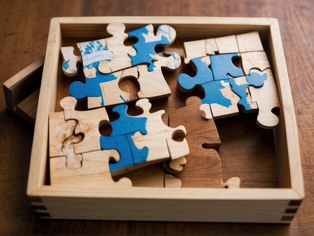 een houten puzzeldoos gevuld met blauwe en witte stukken puzzelstukken