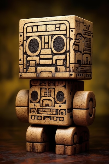 Een houten robot met een houten gezicht en het woord robot erop.