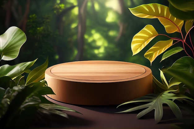 Foto een houten rond object met een groene achtergrond en gele bladeren.