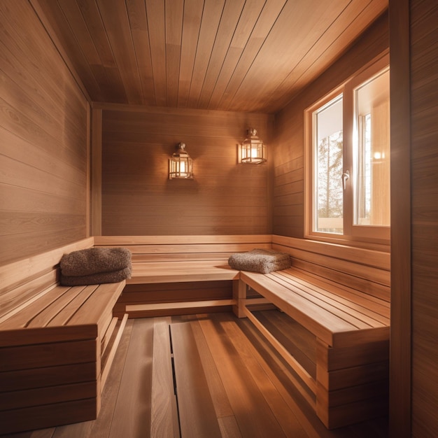 Een houten sauna heeft twee lampen aan de muur en een ervan heeft een handdoek.