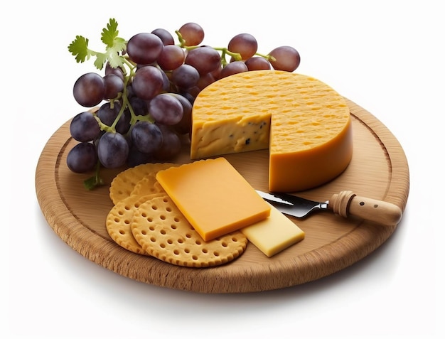Een houten schaal met daarop een kaas en druiven.