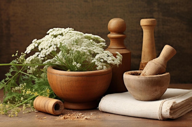 Foto een houten schaal met een bos bloemen en een houten lepel