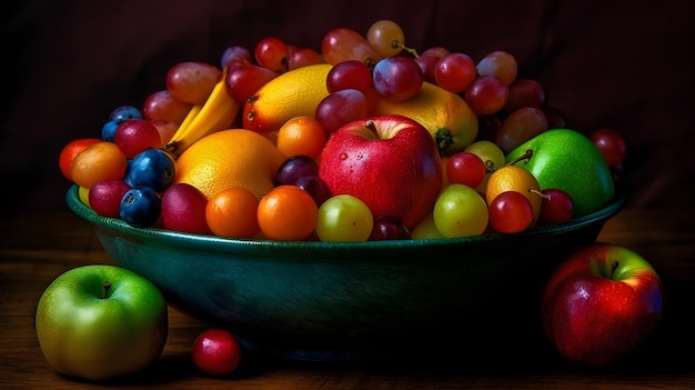 Een houten schaal met fruit generatieve AI-technologie