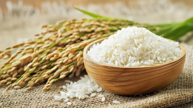 Een houten schaal vol witte rijst met paddy rijst plant op een rustieke burlap achtergrond