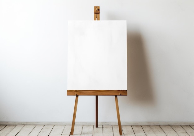 Een houten schildersezel met een wit canvas erop