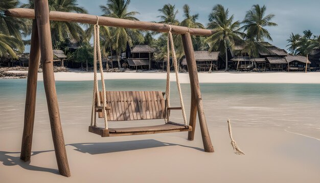 een houten schommel die op de zijkant staat strand