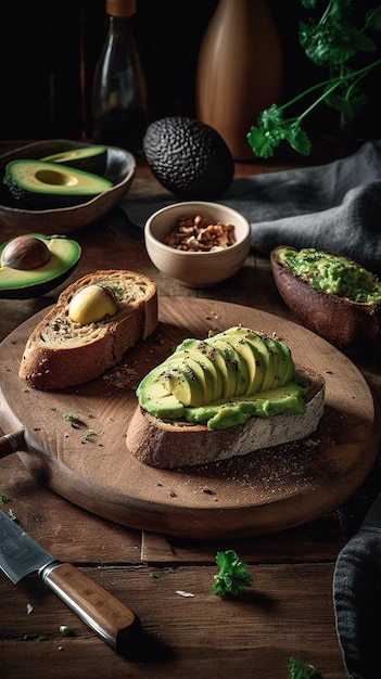 Een houten snijplank met avocadotoost en een bakje walnoten erop.