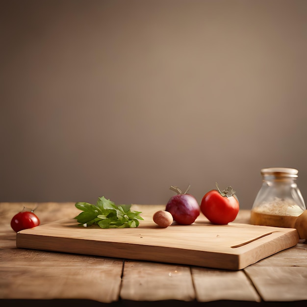 Foto een houten snijplank met groenten en een potje knoflook erop