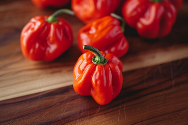 een houten snijplank met rode paprika's erop