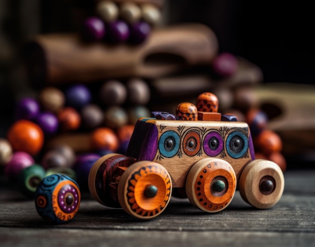 Een houten speelgoedauto met het woord kraal erop