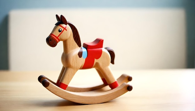 een houten speelgoedpaard is op een houten speeltje