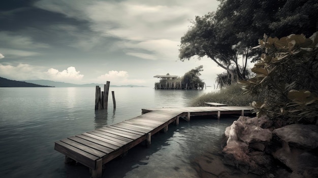 Een houten steiger aan een meer met een bewolkte hemel