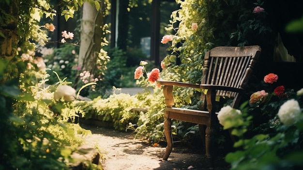 Een houten stoel midden in een tuin