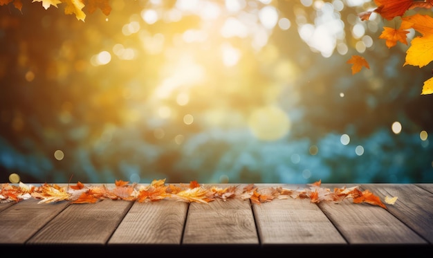 een houten tafel buiten kijkt uit over de herfstbladeren