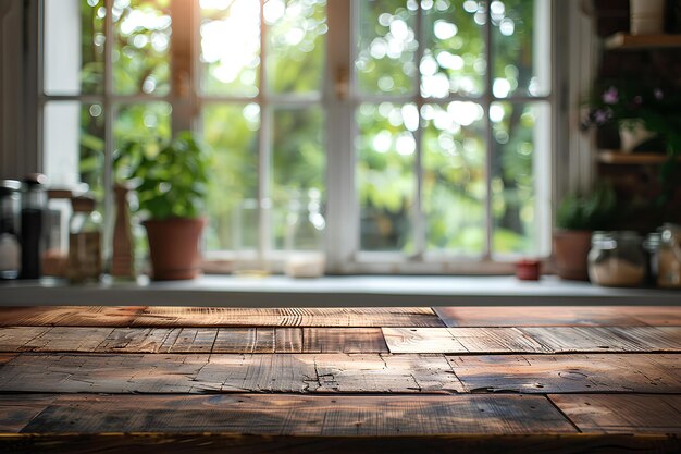 Een houten tafel die voor een raam zit