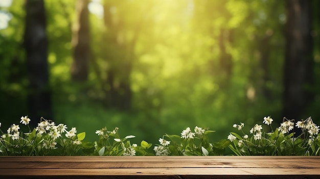 een houten tafel en een voorjaarsbos achtergrond