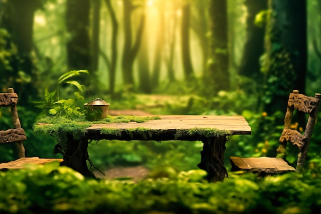 Een houten tafel in een bosrijke omgeving met groene bladeren en bomen