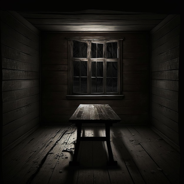 Een houten tafel in een donkere kamer met een raam waarop 'het woord' staat.
