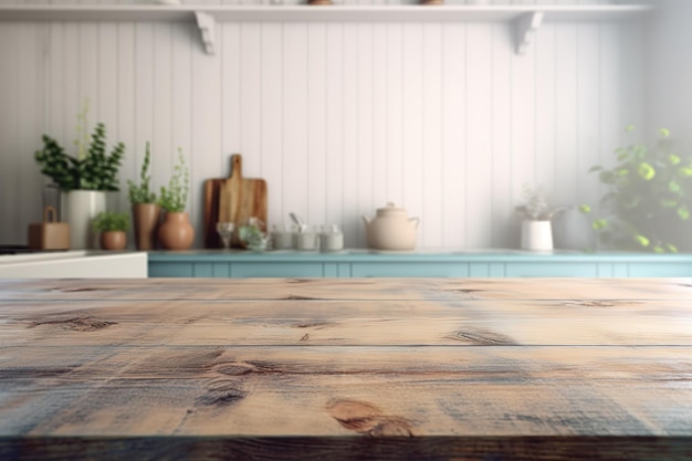 Een houten tafel in een keuken met een blauwe plank met een plant erop.