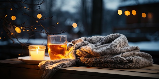 Een houten tafel is gedekt met een kopje warme, aangename drank en wat kaneelstokjes Gezellige winter