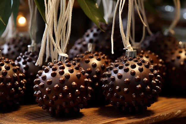 een houten tafel met ballen waarop "chihuly" staat.