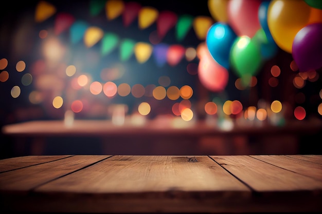 Een houten tafel met ballonnen op de achtergrond