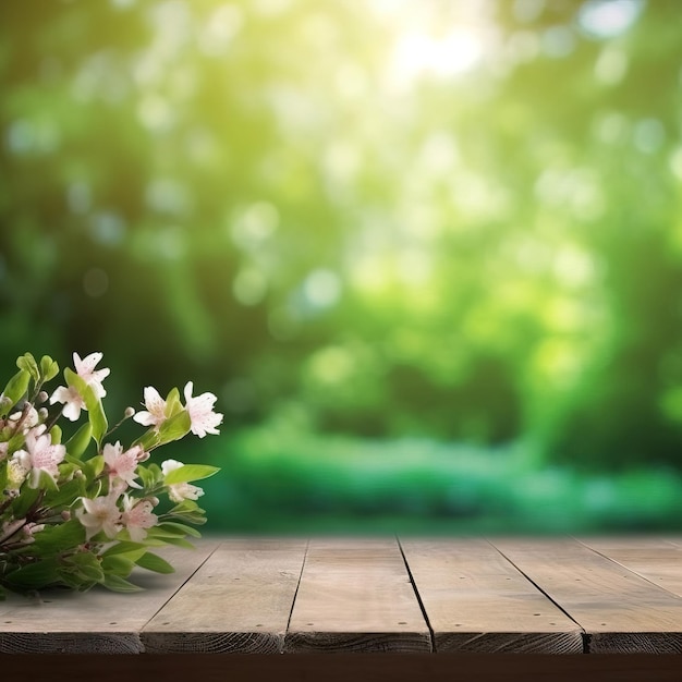 Een houten tafel met bloemen erop