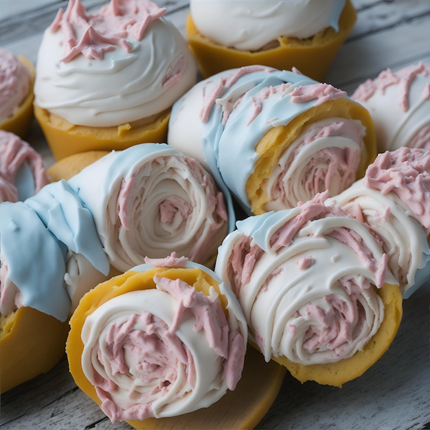 Een houten tafel met cupcakes met roze en wit glazuur.