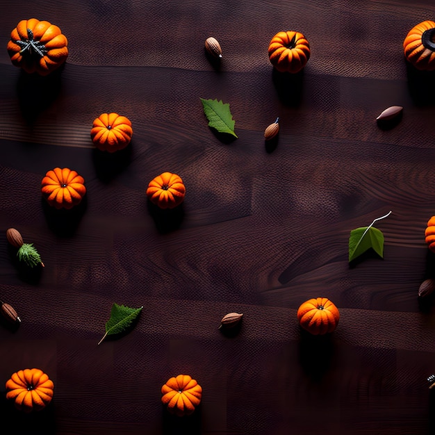 Een houten tafel met daarop een bos kleine pompoenen en groene bladeren.