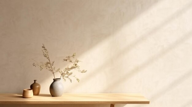 Een houten tafel met daarop een vaas met bloemen.