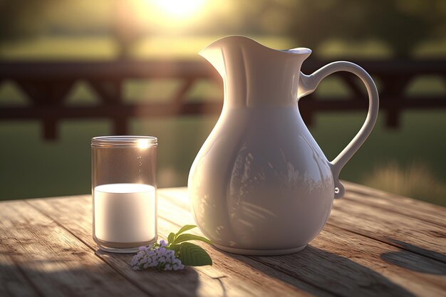 Een houten tafel met daarop een witte kruik gevuld met verfrissende melk, perfect voor voedzaam eten en drinken Ai gegenereerd