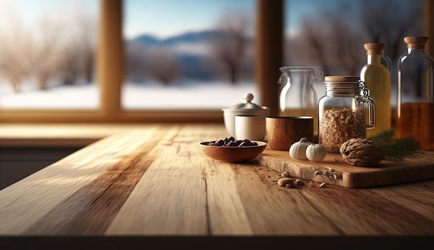 Een houten tafel met daarop flessen en een schaal met noten generatieve AI