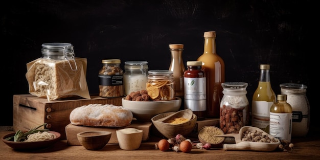 Foto een houten tafel met daarop veel verschillende soorten voedsel. generatief ai-beeld