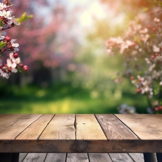 Een houten tafel met een achtergrond van bloeiende kersenbomen.