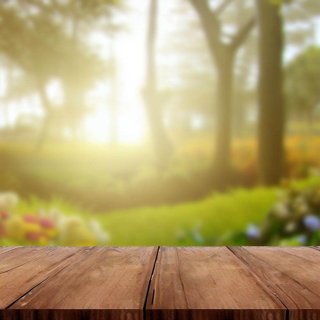 Een houten tafel met een achtergrond van bomen en bloemen