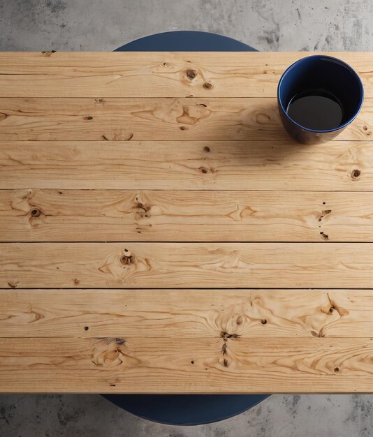 Foto een houten tafel met een blauwe beker bovenop