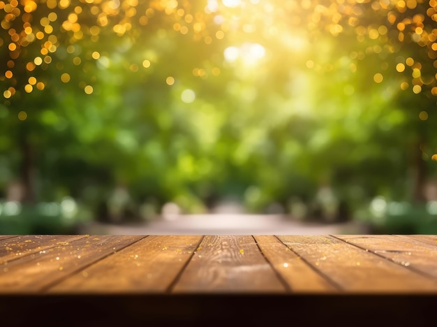 Een houten tafel met een bokeh achtergrond en een bokeh van gouden bladeren.