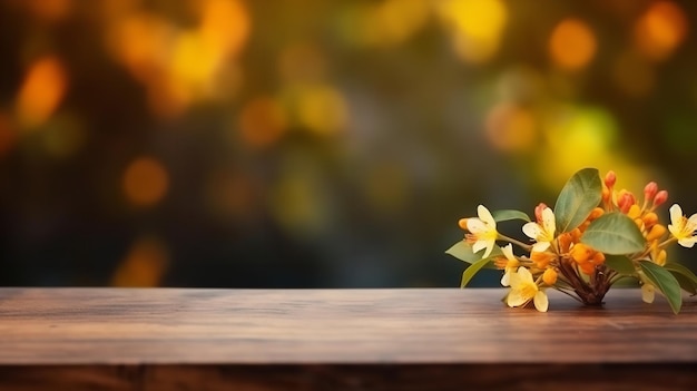 Een houten tafel met een bos bloemen erop