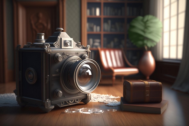 Een houten tafel met een camera erop en een boek op tafel.