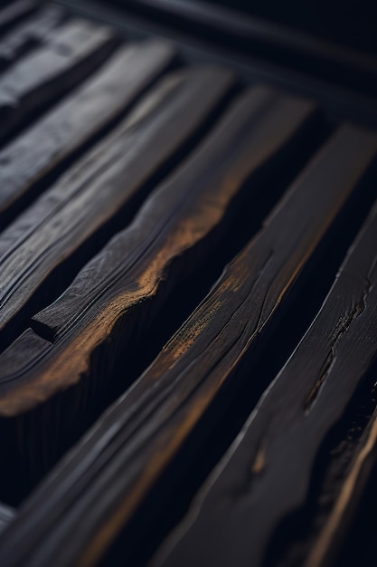 Een houten tafel met een donkere achtergrond en een donker houten oppervlak