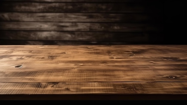 Een houten tafel met een donkere achtergrond en een houten tafel met een lampje erop.