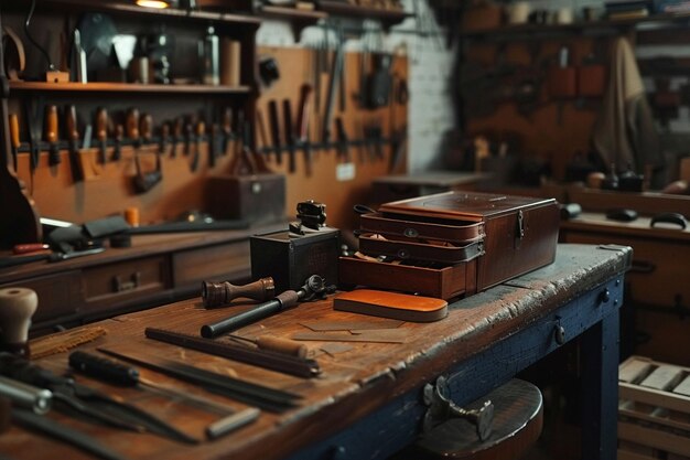 Een houten tafel met een doos waarop staat: