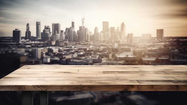 Een houten tafel met een glas wijn erop met op de achtergrond een stadsgezicht