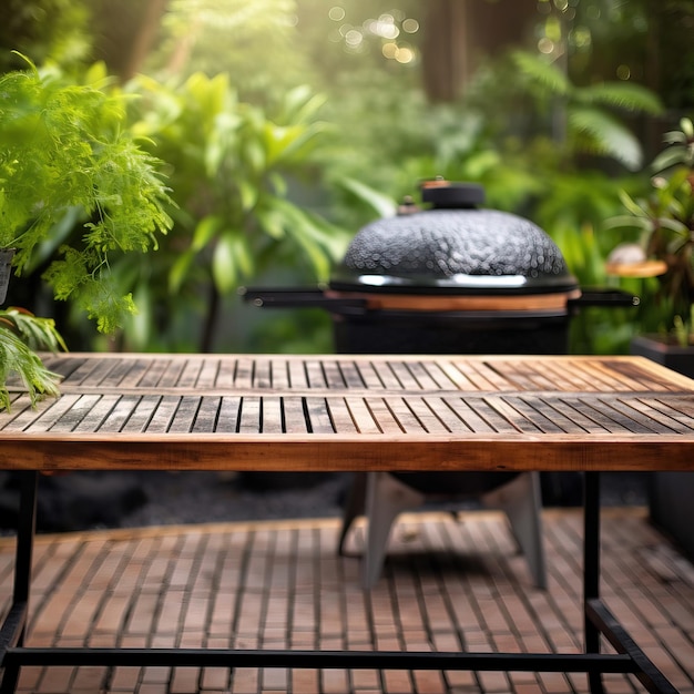 Een houten tafel met een grill op de achtergrond en een plant op de achtergrond.