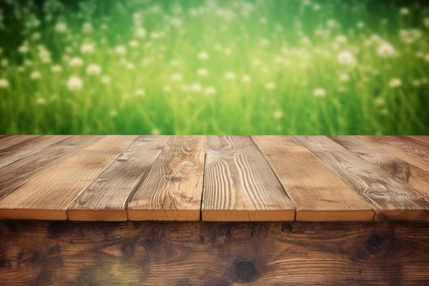 Een houten tafel met een groene achtergrond en een onscherpe achtergrond van bloemen