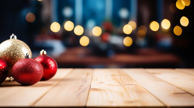 Een houten tafel met een kerstboom en kerstverlichting op de top winter feestelijke achtergrond generatief