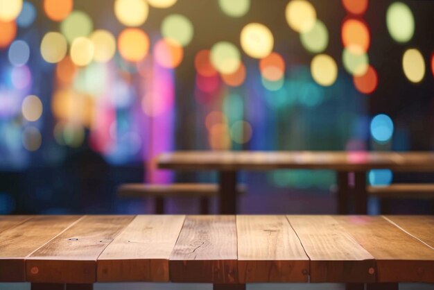 Een houten tafel met een kleurrijke bokeh achtergrond